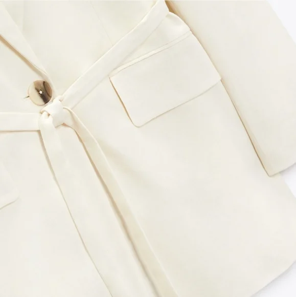 Zara Ecru Linen Blend Belted One Button Blazer - Picture 6 of 16